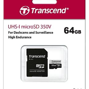 Флеш карта microSD 64GB Transcend microSDXC Class 10, UHS-I U1, High Endurance, (SD адаптер), R/W: 100/45 MB/s, 3D TLC