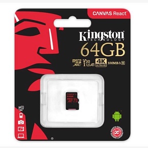 Флеш карта microSD 64GB Kingston microSDXC Class UHS-I U3 V30 Canvas React 80MB/s