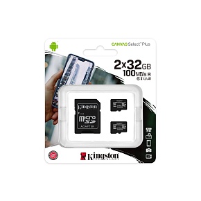 Флеш карта microSD 32GB Kingston microSDHC Class 10 UHS-I U1 Canvas Select Plus (SD адаптер) 100MB/s Two Pack